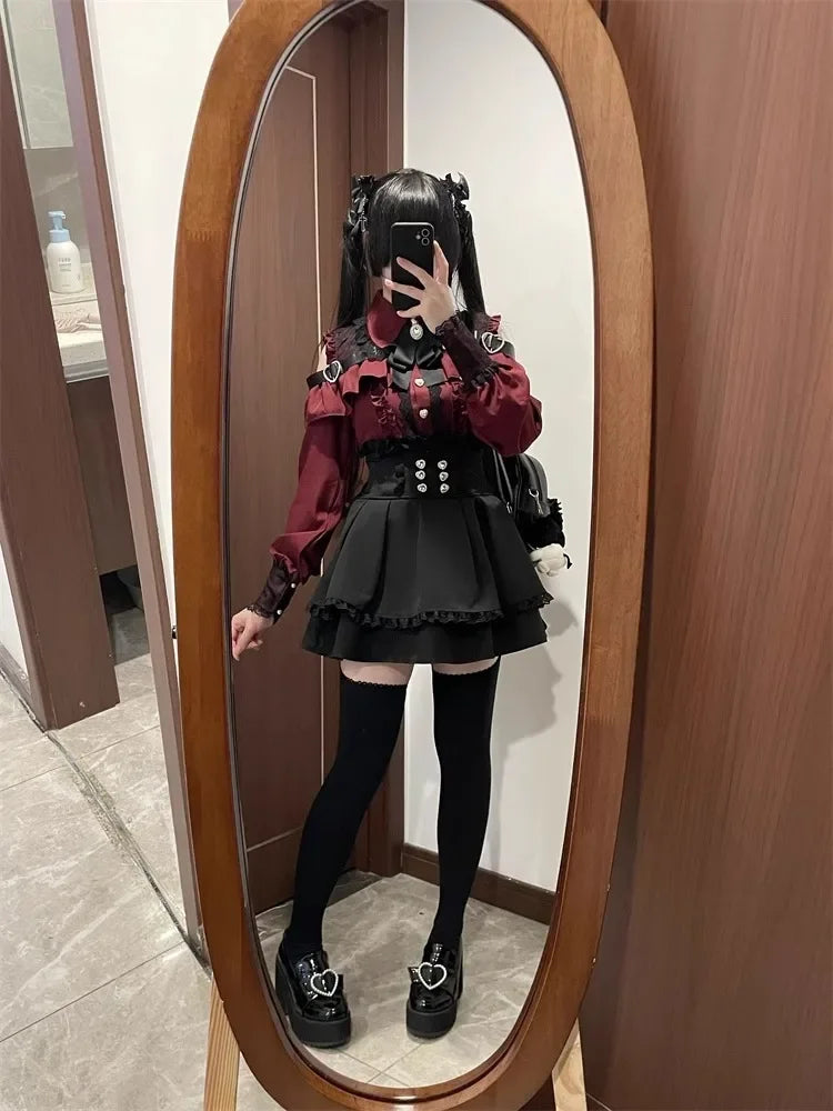 Dark Sweet Heart Ground Type Lolita Set, Ruffle Sleeve Top & A-line Skirt, Cute Kawaii Japanese Style Gothic Coord Outfit S-XL Bazaare Mart