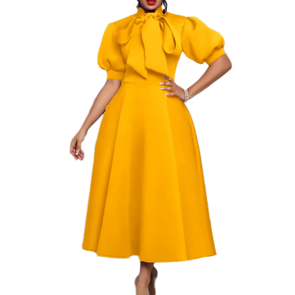 Elegant Solid Color Bow Short Puff Sleeve Full Skirt Midi Dress