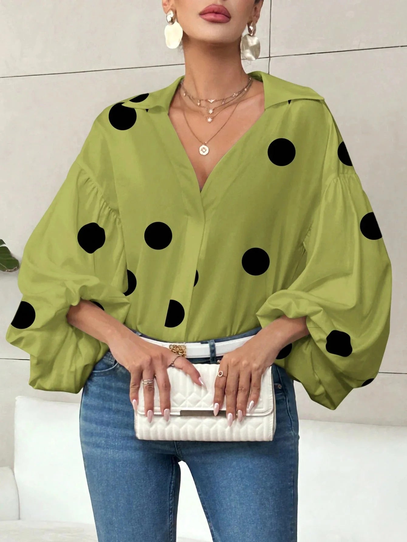 Boho Women's Blouses Spring Fall New Fashion French Polka Dot Half-neck Design Loose Puff Long-sleeve Top Casual Shirts Women Bazaare Mart