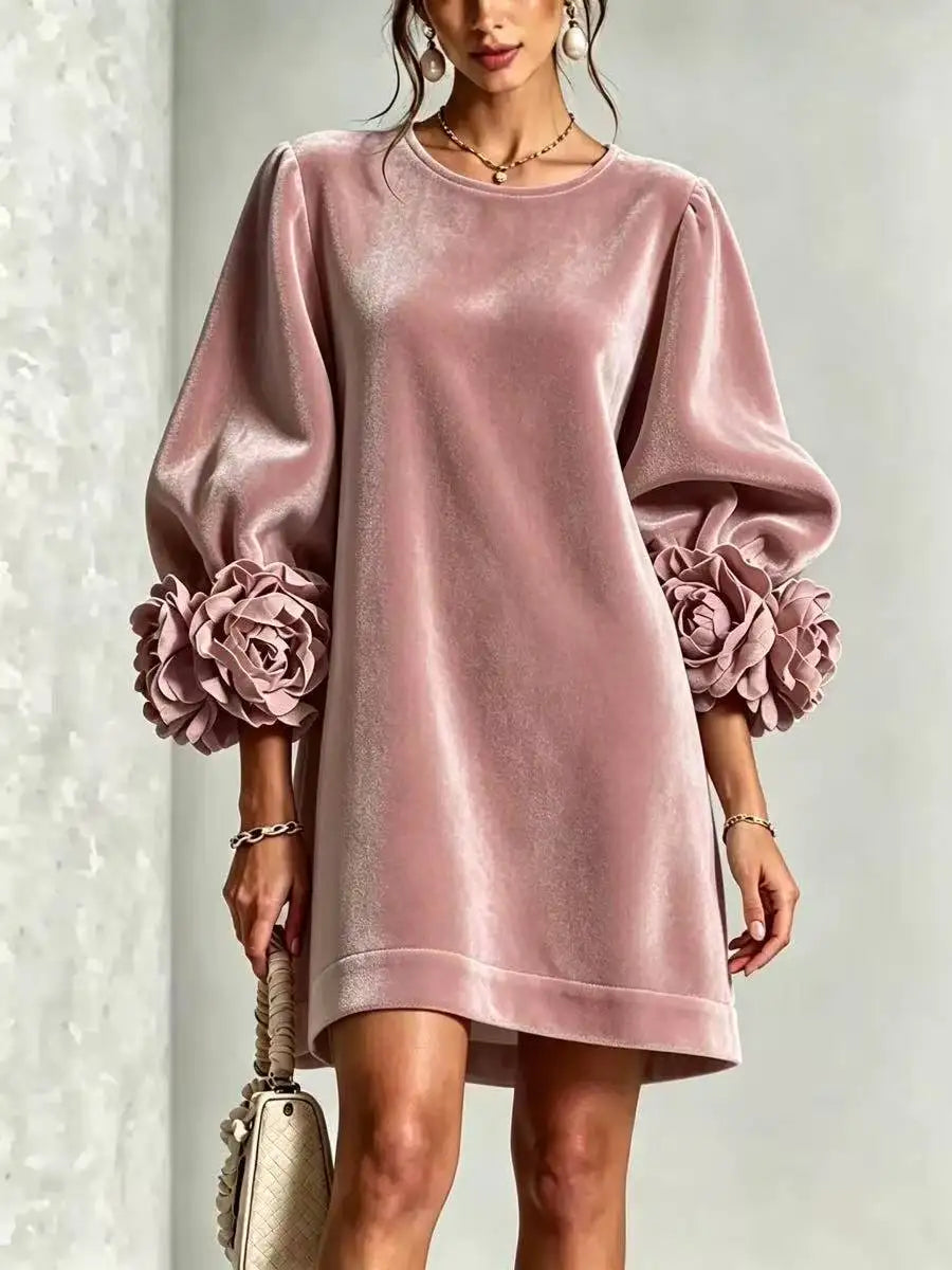 Velvet Mini Dress – Elegant Puff Sleeves with 3D Floral Cuffs