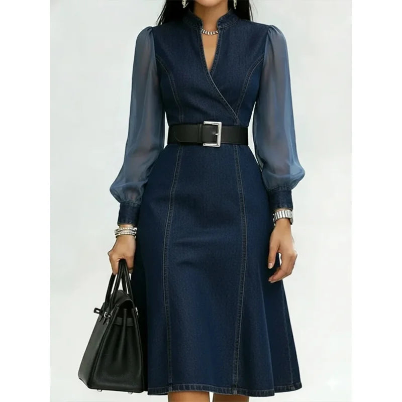 Sheer Long Sleeve V-Neck Slimming Denim Waist-Cinching with Belt Dress