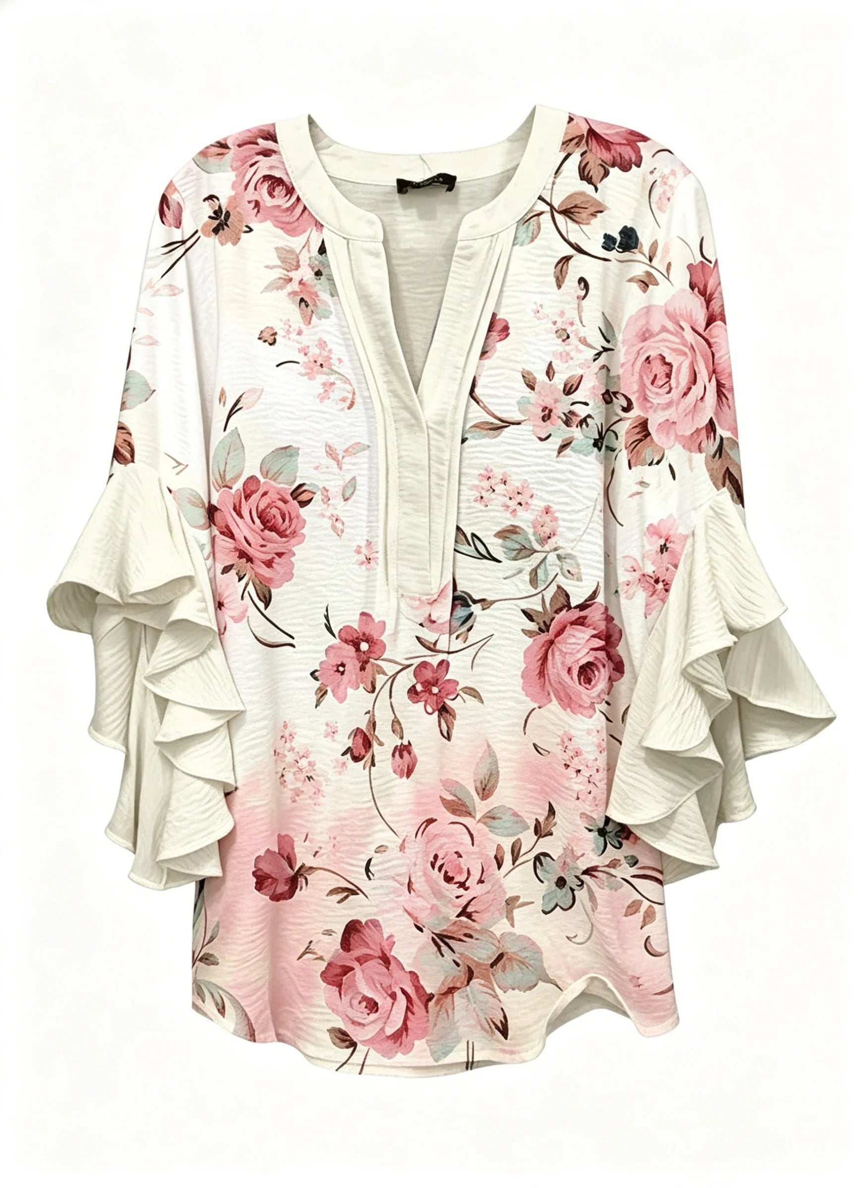 Women's Floral Ruffle Sleeve Blouse | Elegant V-Neck 3/4 Sleeve Top Rose Bazaare Mart Ruffle Sleeve Blouse
