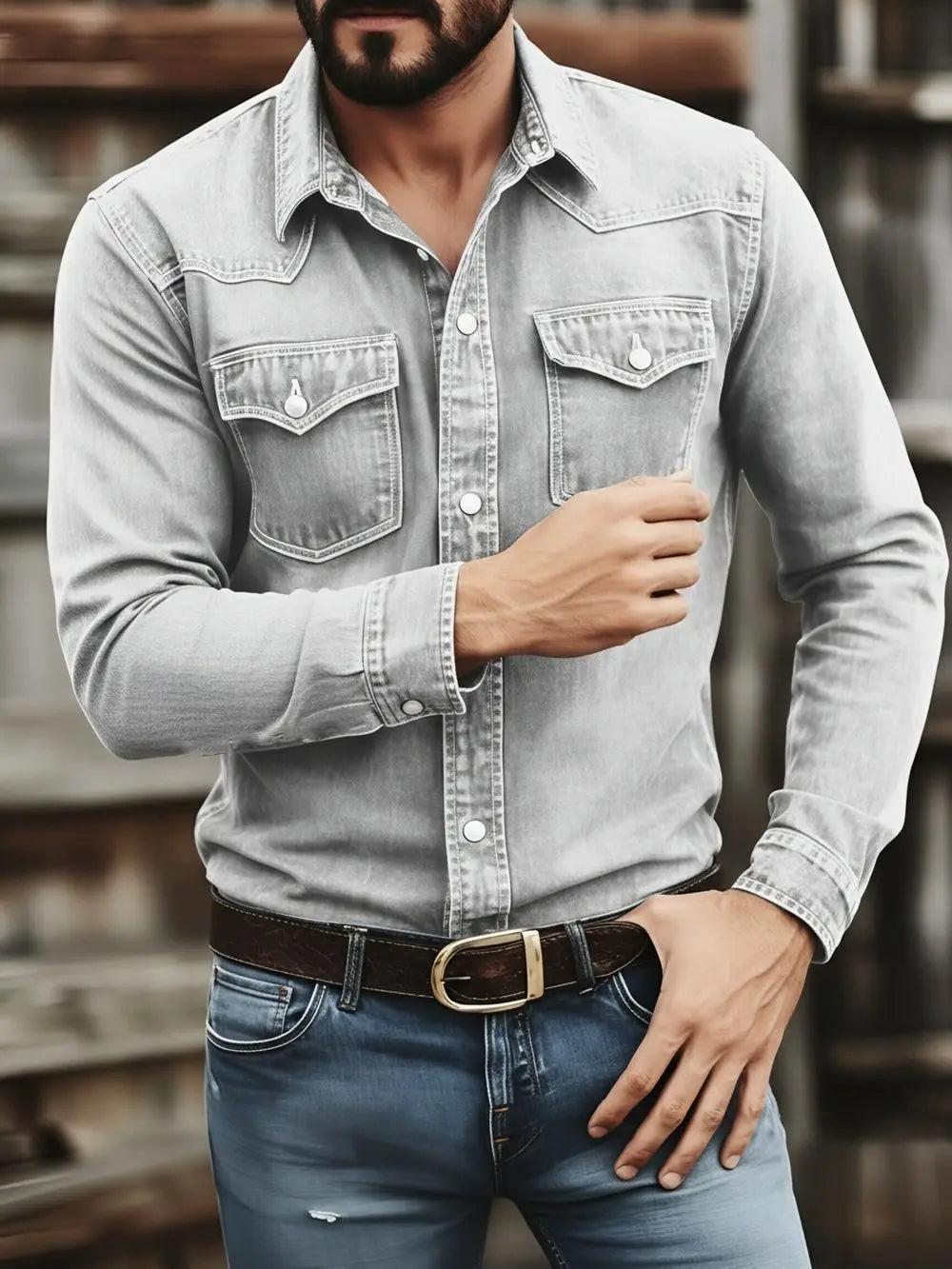 Men's Vintage Washed Denim Button Up Shirt