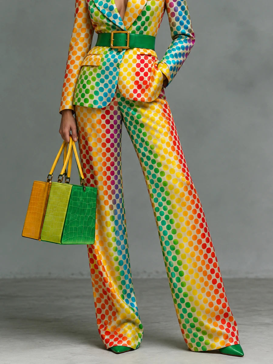 Rainbow Polka Dot Wide-Leg Pants – High-Waisted Statement Pants