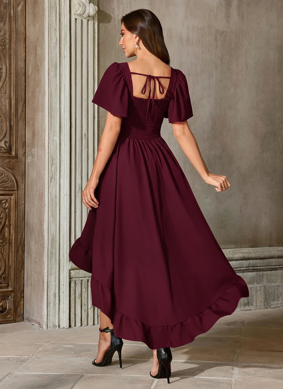 Burgundy High-Low Renaissance Dress with Corset-Style Bodice