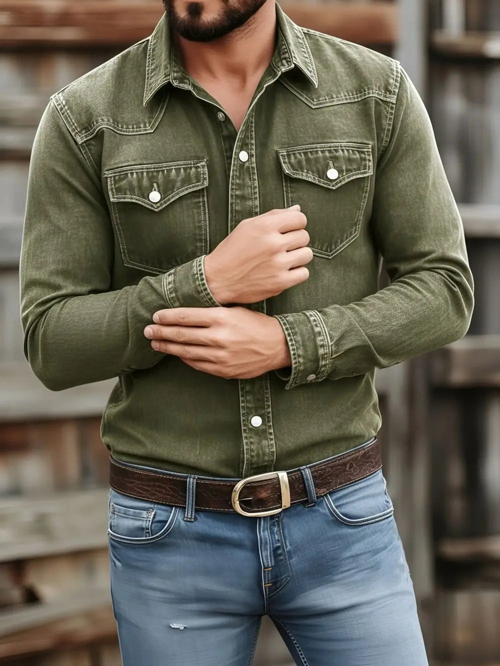 Men's Vintage Washed Denim Button Up Shirt