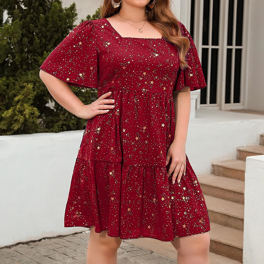 Square Neck Celestial Short Flutter Sleeve Knee-Length Dress