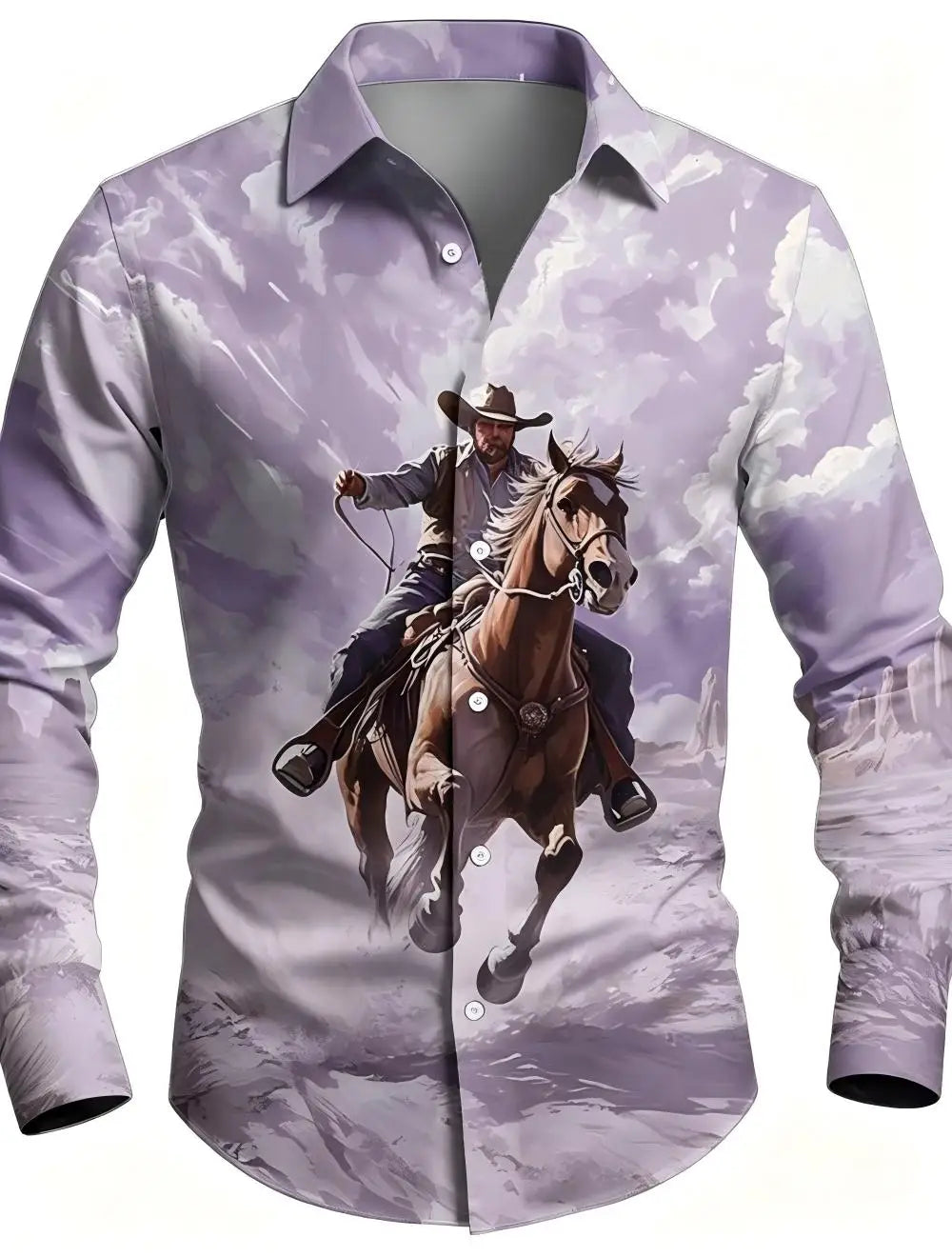 Men's Western Cowboy Riding Shirt – 3D Printed Long Sleeve Button-Up