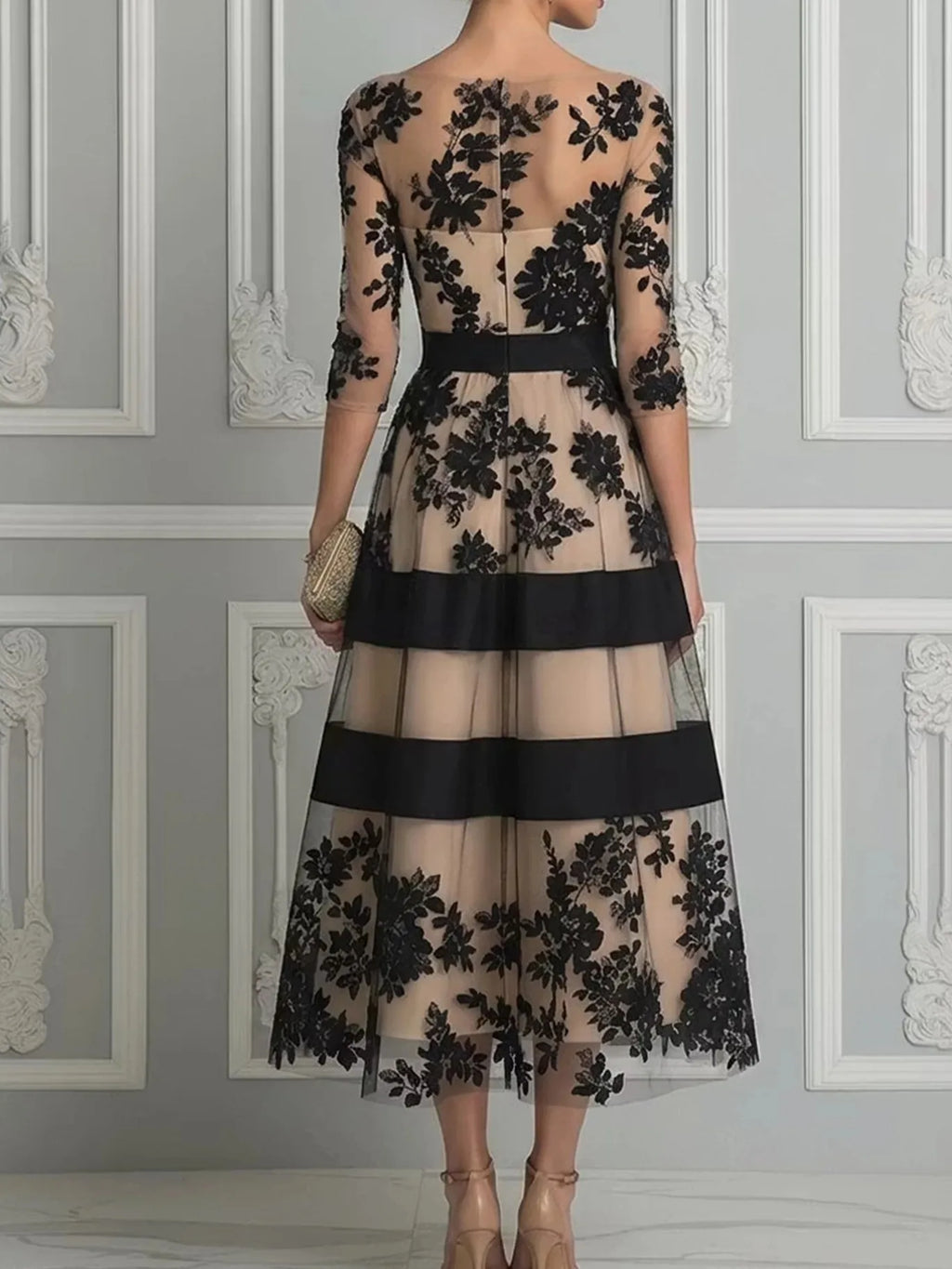 Elegant Black Floral Flocked Tulle Midi Dress – 3/4 Sleeve A-Line Evening Party Dress