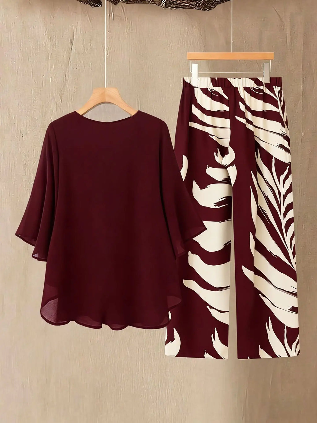 Women's Chiffon Overlay Top & Tropical Leaf Print Wide Leg Pants 2 Piece Set | Elegant Summer Resort Outfit Bazaare Mart 2 pc. Pants Outfit
