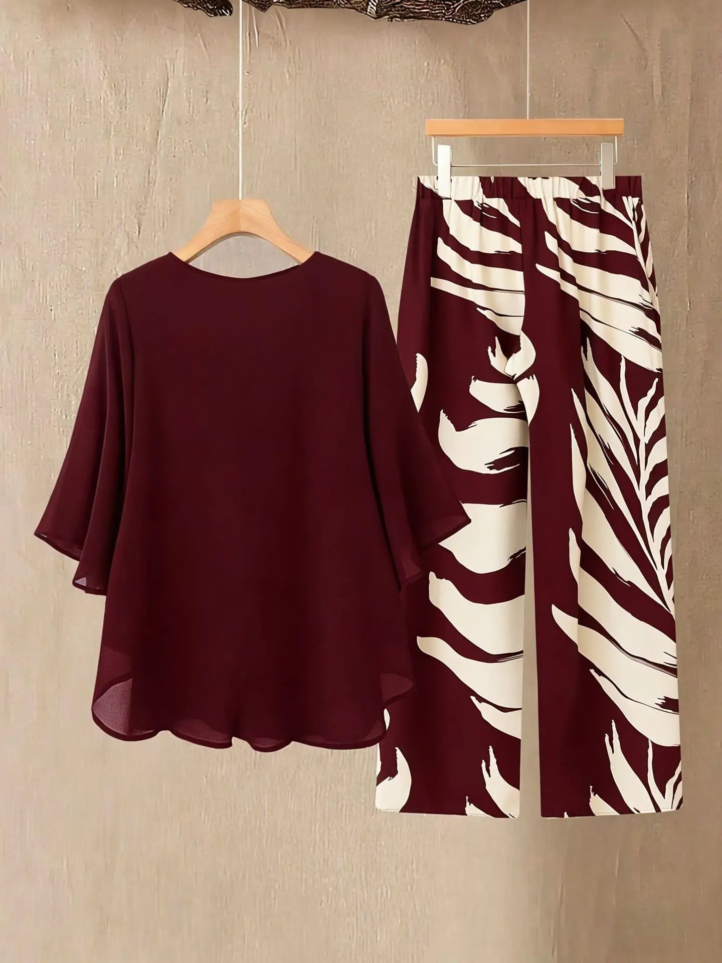 Women's Chiffon Overlay Top & Tropical Leaf Print Wide Leg Pants 2 Piece Set | Elegant Summer Resort Outfit Bazaare Mart 2 pc. Pants Outfit