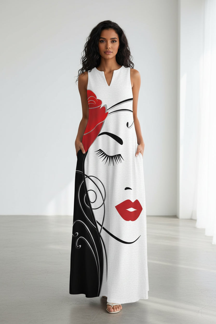 Summer Outdoor Street Fashion Women's Long Dress New Abstract Art Print Dress Sleeveless Vest V-Neck Fashion Women's Party Dress WXDress-150 Bazaare Mart