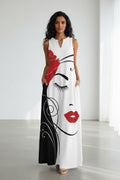 Summer Outdoor Street Fashion Women's Long Dress New Abstract Art Print Dress Sleeveless Vest V-Neck Fashion Women's Party Dress WXDress-150 Bazaare Mart