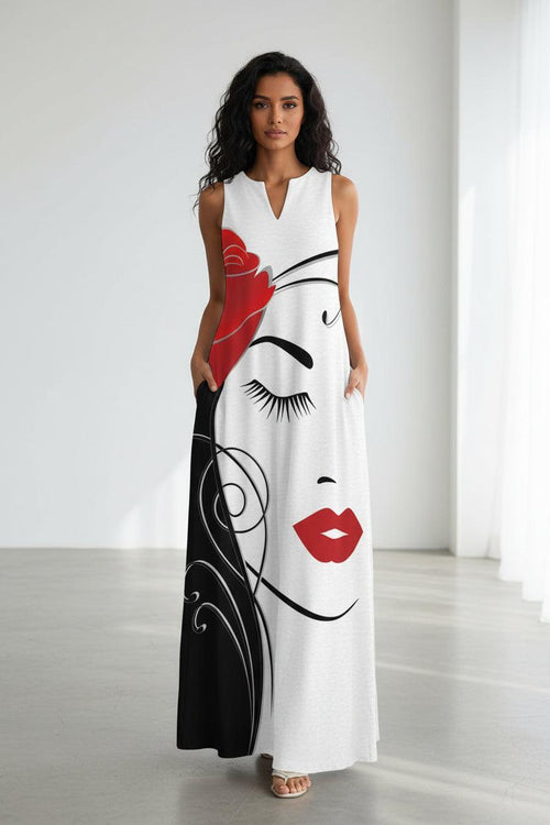 Women's Abstract Art Maxi Dress with Pockets | Sleeveless V-Neck Dress WXDress-150 Bazaare Mart Sleeveless Maxi Dress
