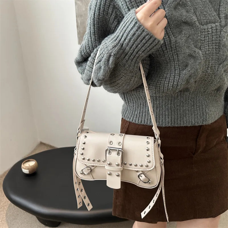 Studded Baguette Shoulder Bag – Faux Leather Punk Rock Shoulder Purse with Buckle & Rivet Details Bazaare Mart Shoulder Purse