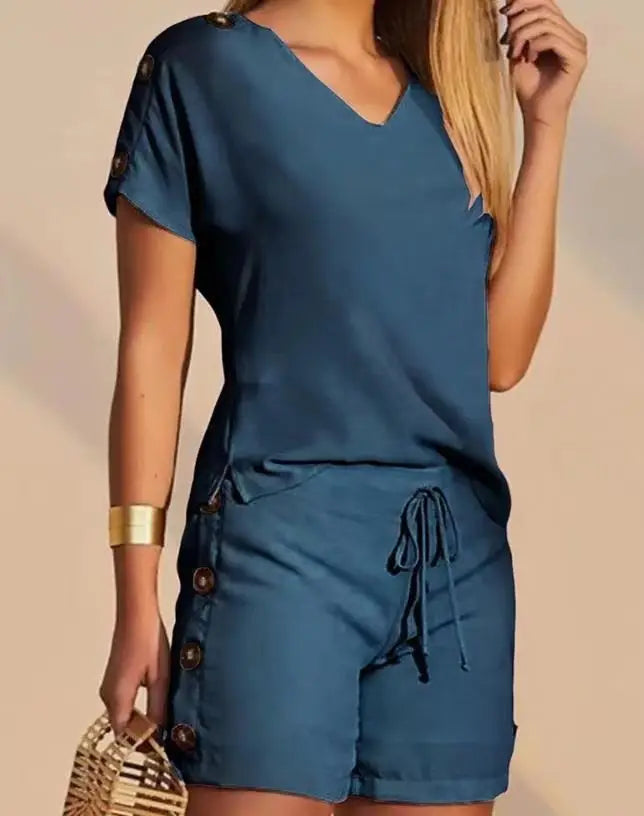 Women's V-Neck Top & Drawstring Shorts Set – Casual Summer Two-Piece Outfit, Sizes S-3X Bazaare Mart Shorts Set