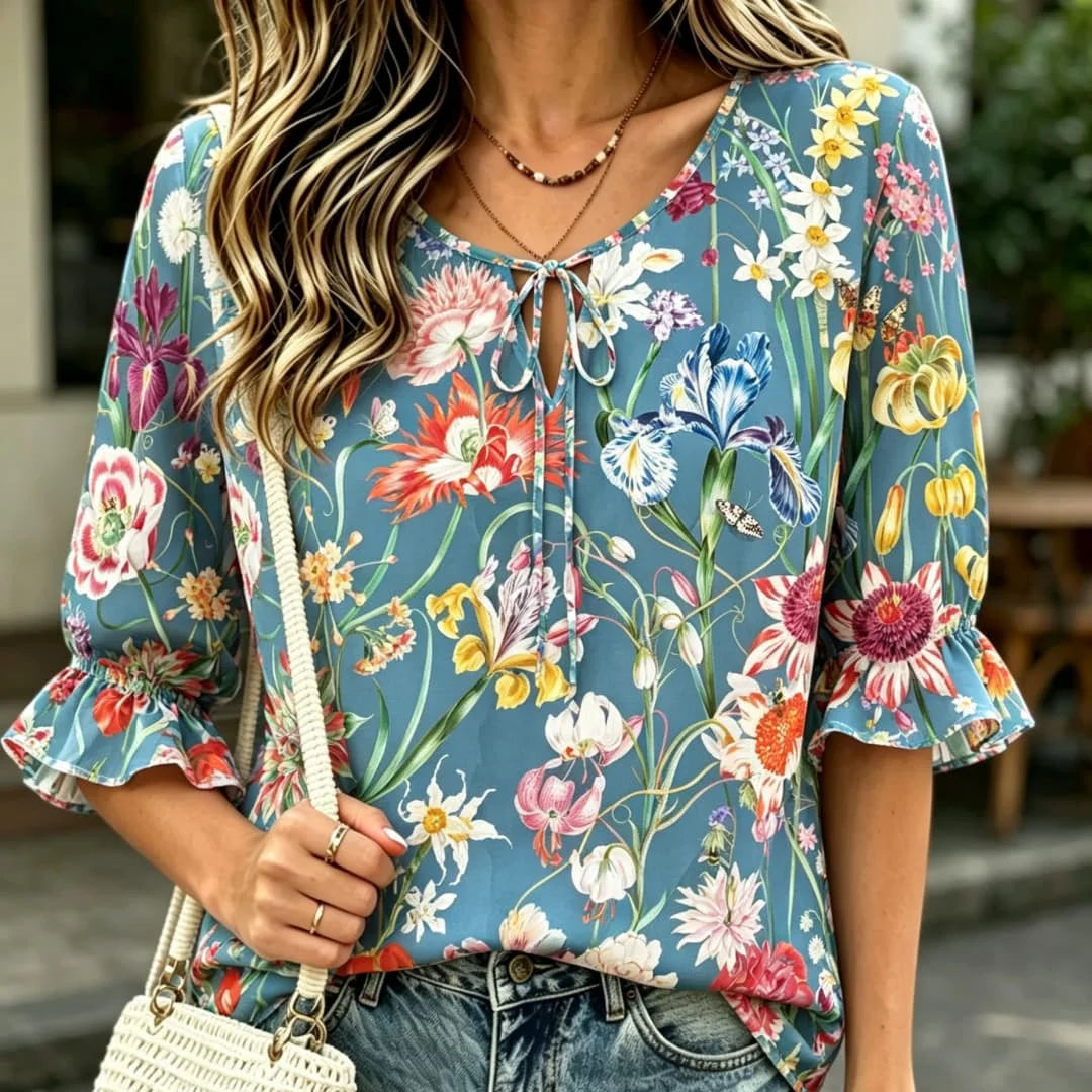Women's Vibrant Floral Print Ruffle Sleeve Blouse – Tie Neck Boho Top for Spring & Summer Bazaare Mart Floral Blouse