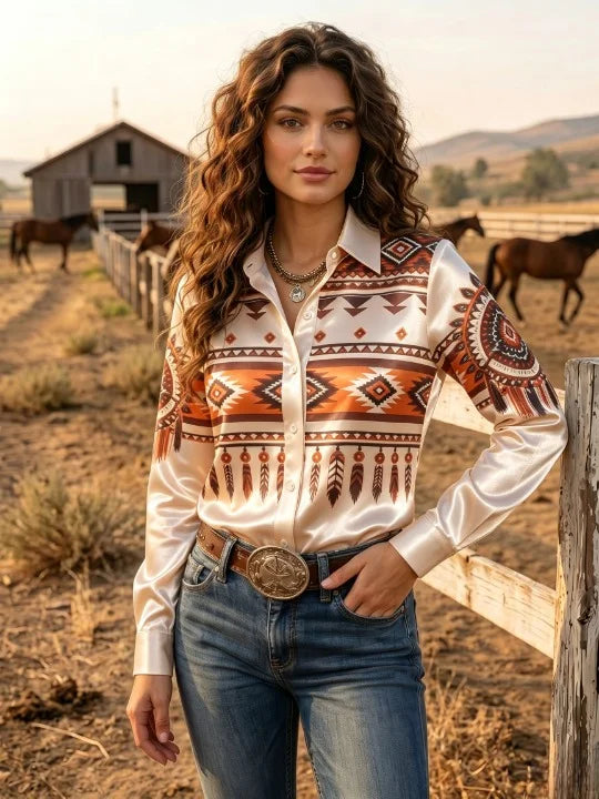 Cowboy Printed Lapel Collar Long Sleeve Button Up Western Shirt