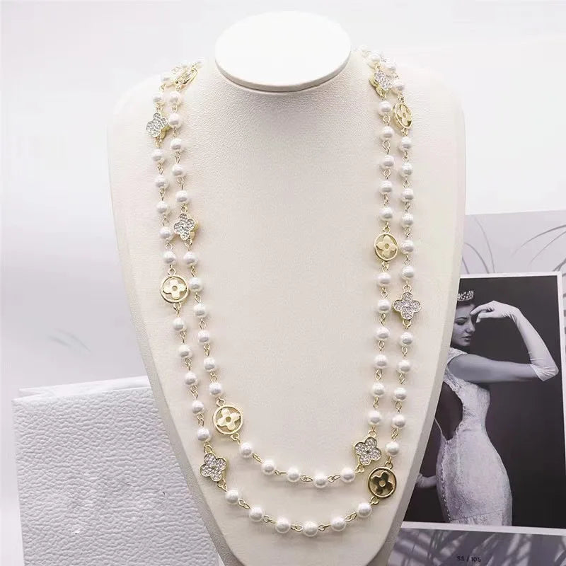 Long Floral Pearl Multi-Strand Necklaces Bazaare Mart Long Floral Pearl Multi-Strand Necklaces