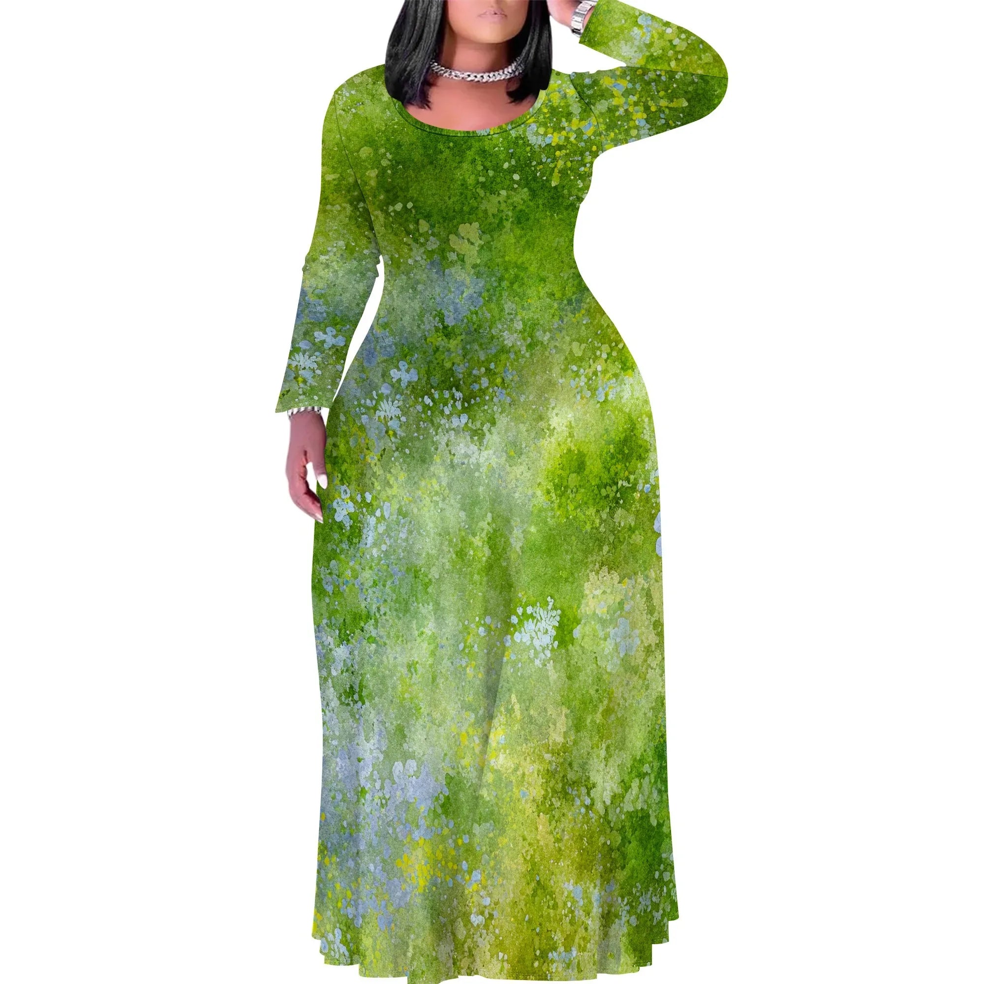 Tie Dye Print Scoop Neck Long Sleeve Maxi Dress Pattern-9 CHINA Bazaare Mart Tie Dye Print Scoop Neck Long Sleeve Maxi Dress