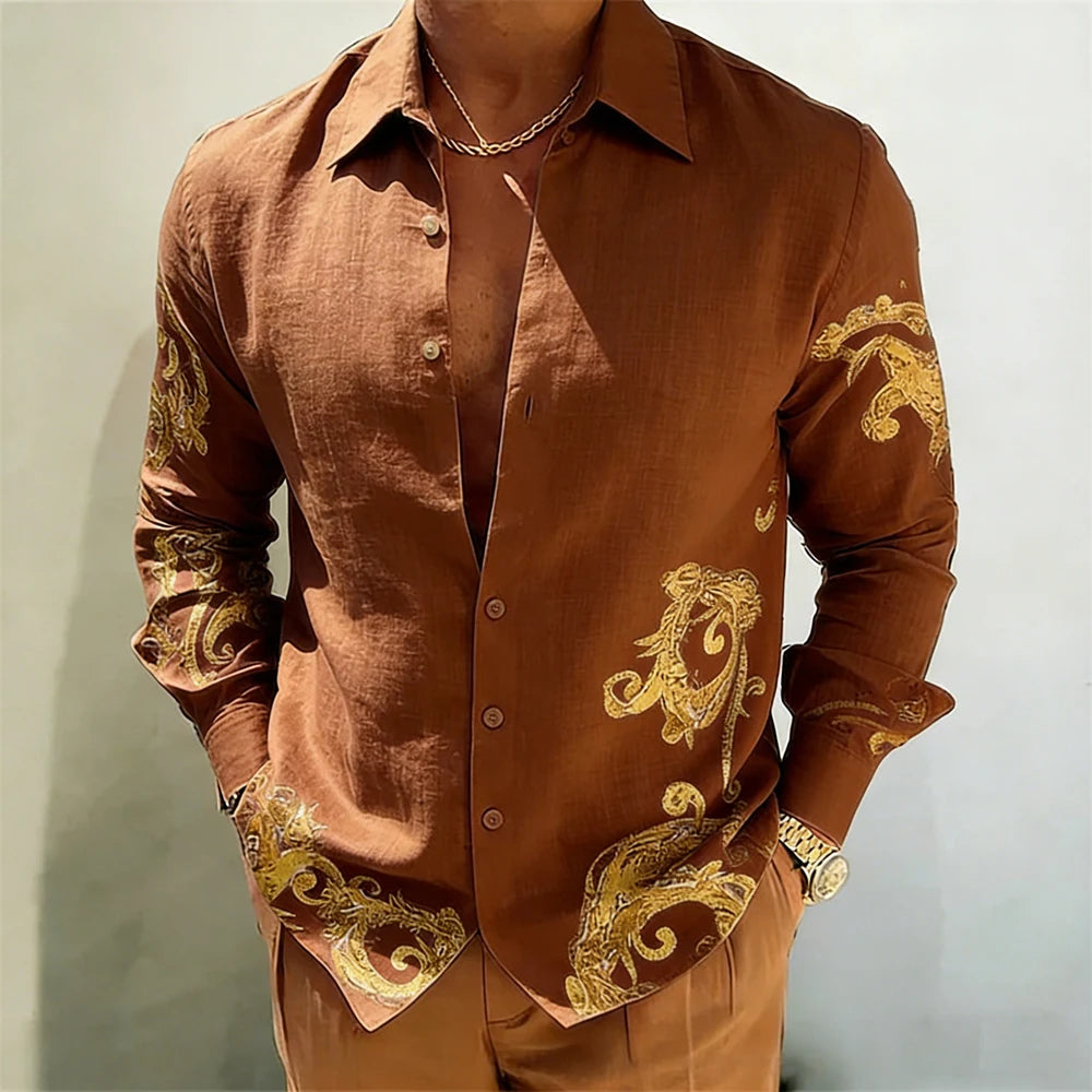Men's Gold Baroque Print Button-Up Shirt – Long Sleeve Statement Shirt