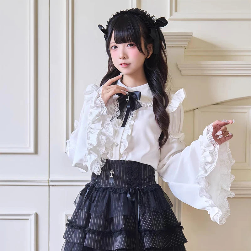 Women's Kawaii Lolita Blouse – Japanese-Inspired Peter Pan Collar Shirt with Lace & Bow Details Bazaare Mart Blouse