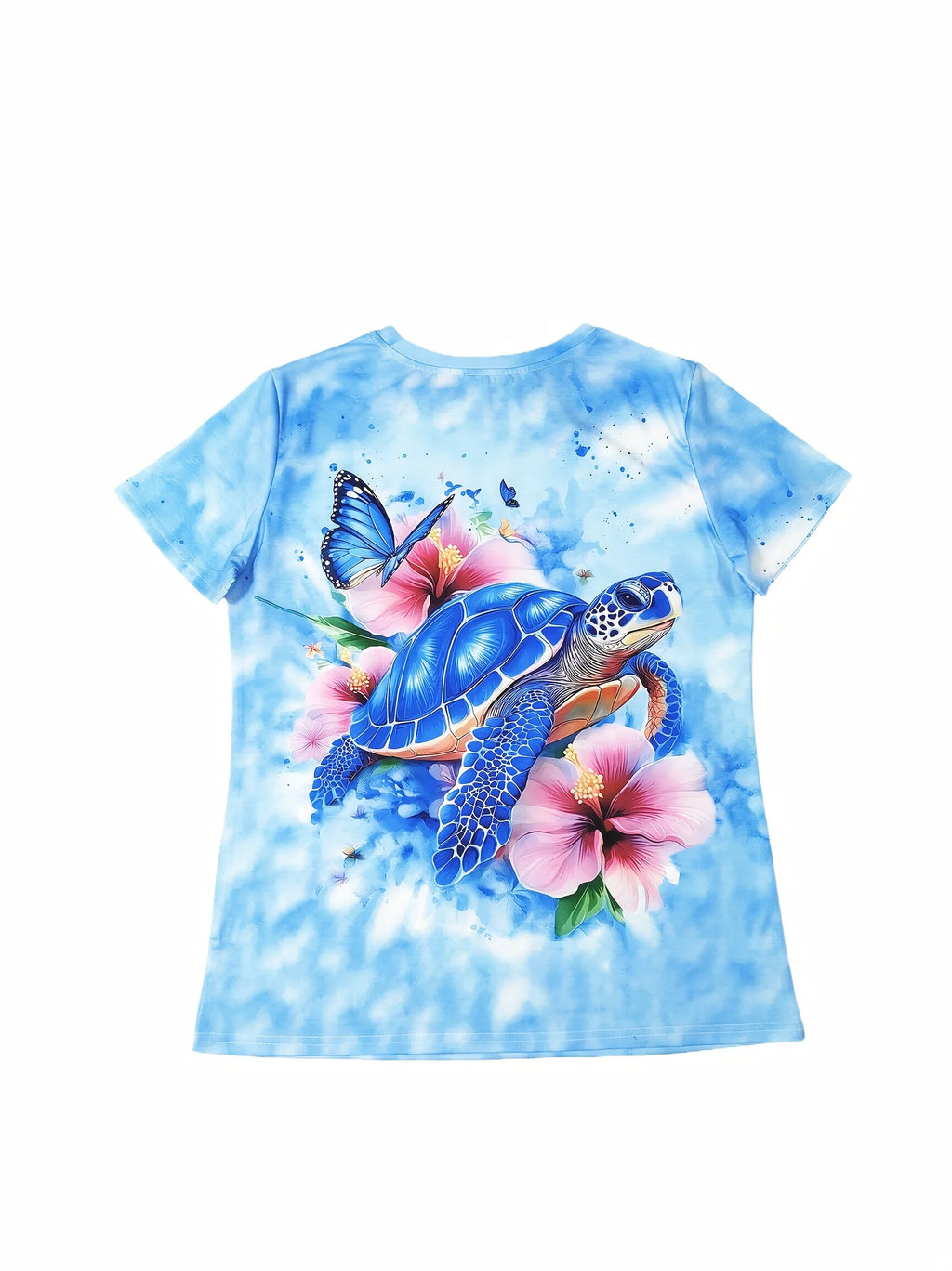 Light Blue Women's Tee - Blue Turtle & Hibiscus Graphic, Tropical Beach Print Design for Casual Daily Wear Bazaare Mart