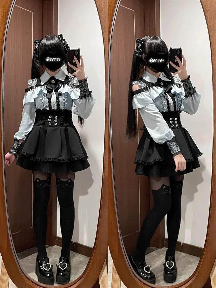 Dark Sweet Heart Ground Type Lolita Set, Ruffle Sleeve Top & A-line Skirt, Cute Kawaii Japanese Style Gothic Coord Outfit S-XL Bazaare Mart