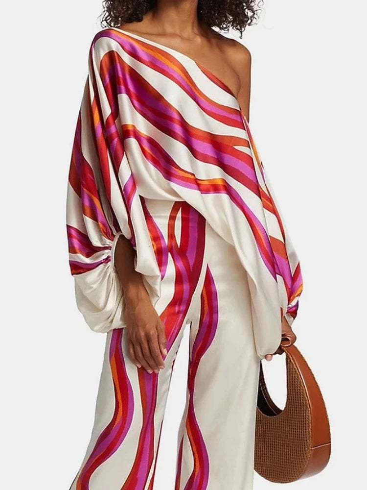 Abstract Print Satin 2pc Pants Sets