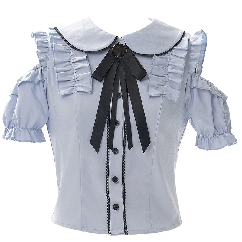 Women's Kawaii Lolita Blouse – Japanese-Inspired Peter Pan Collar Shirt with Lace & Bow Details Bazaare Mart Blouse