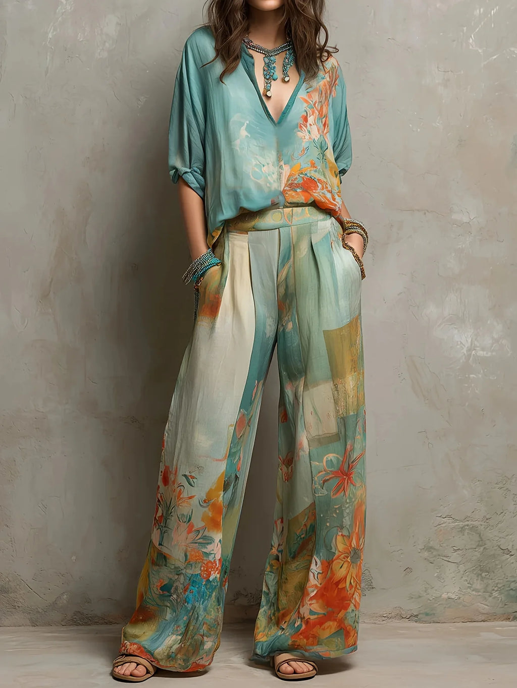 Vintage Floral Breeze Two-Piece Wide Leg Set