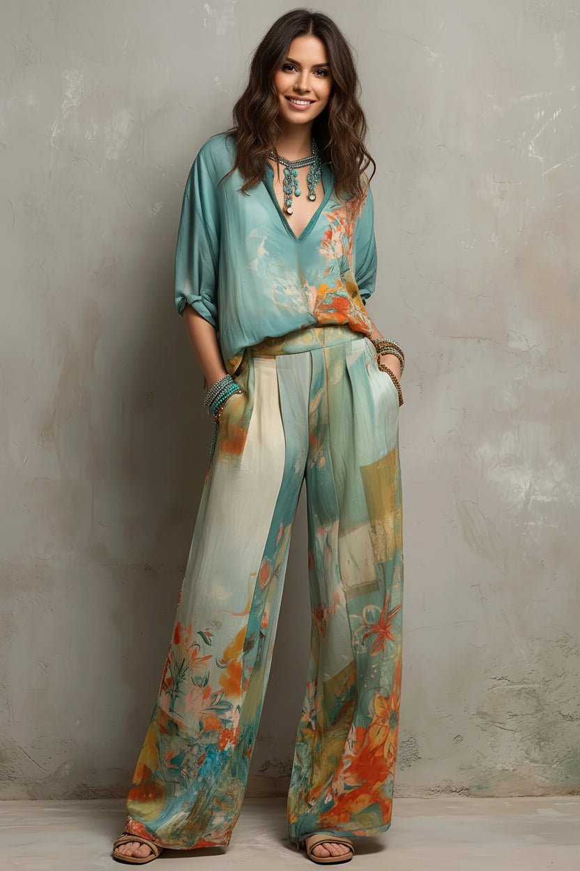 Woman wearing a colorful outfit with a textured gray background