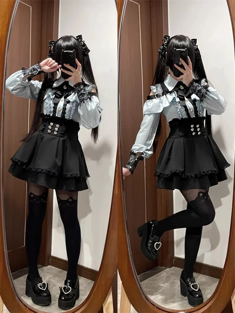Dark Sweet Heart Ground Type Lolita Set, Ruffle Sleeve Top & A-line Skirt, Cute Kawaii Japanese Style Gothic Coord Outfit S-XL Bazaare Mart