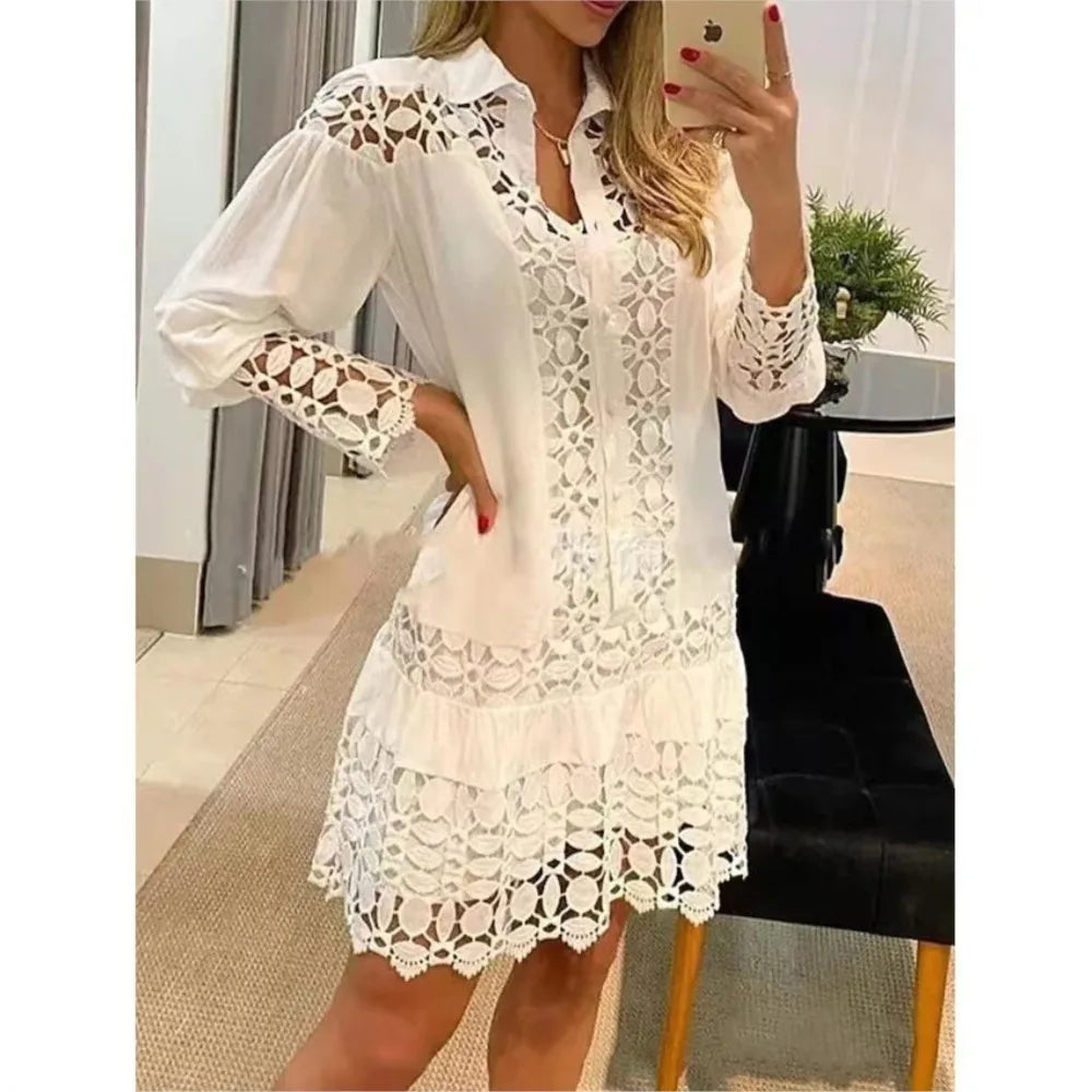 Spring Summer Lace Hollowed Out Patchwork Shirt Women's Dress Sexy Elegant Female 2 Piece Suit With Inner Strap Anti Slip Dress Bazaare Mart