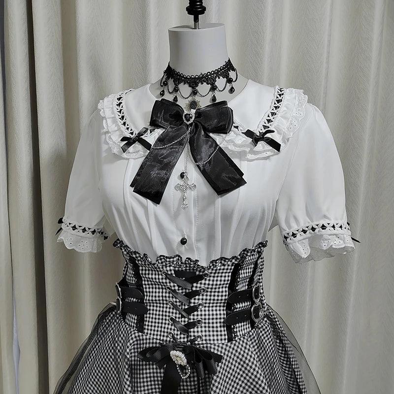 Women's Kawaii Lolita Blouse – Japanese-Inspired Peter Pan Collar Shirt with Lace & Bow Details Bazaare Mart Blouse