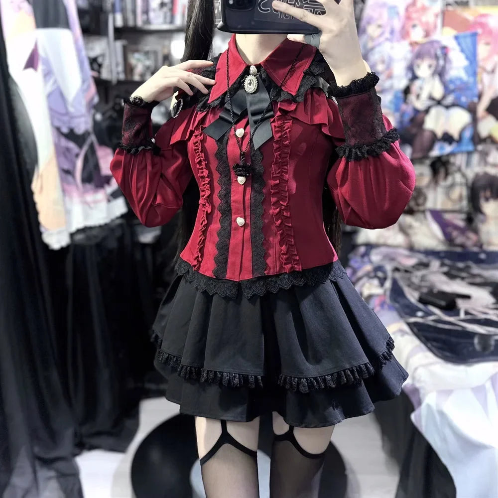 Dark Sweet Heart Ground Type Lolita Set, Ruffle Sleeve Top & A-line Skirt, Cute Kawaii Japanese Style Gothic Coord Outfit S-XL Bazaare Mart
