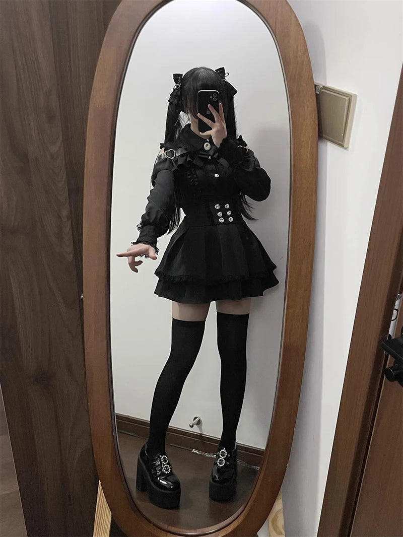 Jirai kei Shirt JK Skirt Japanese Style Lolita Y2K Sweet School Uniform Blouse Top Dress Darkness Outfit Women Girls Theme Party Bazaare Mart
