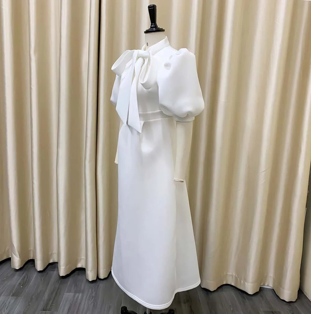 Elegant Solid Color Bow Short Puff Sleeve Full Skirt Midi Dress