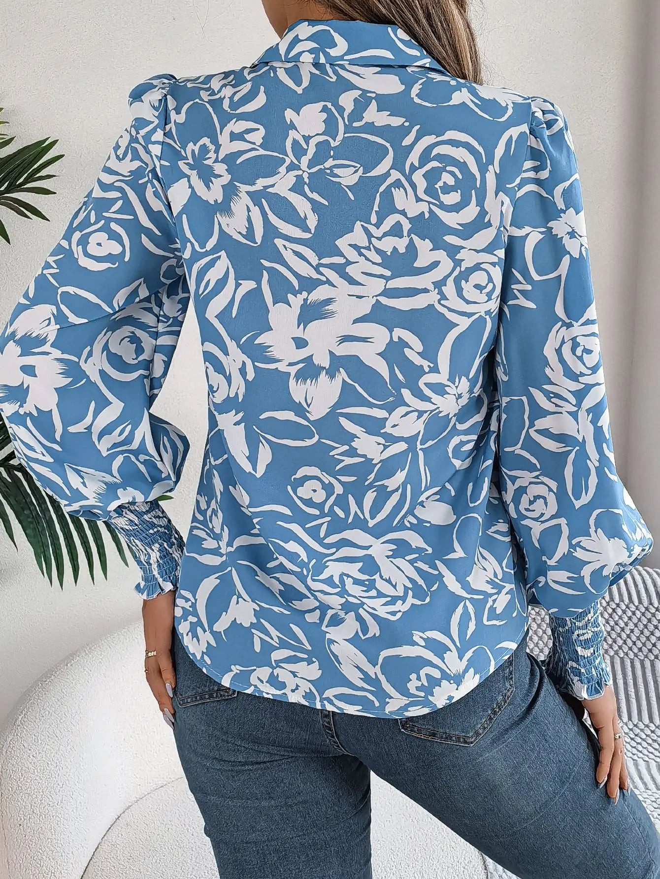 Floral Long Lantern Sleeve Flip Collar Blouse