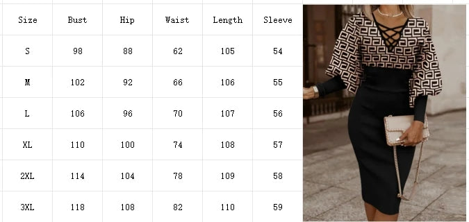 Table of clothing measurements with a person wearing a patterned top and black skirt.