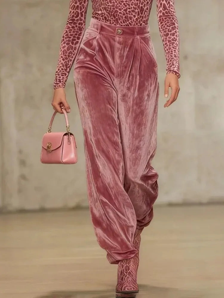 Pink Velvet High Waist Pants Pink Bazaare Mart Pink Velvet High Waist Pants