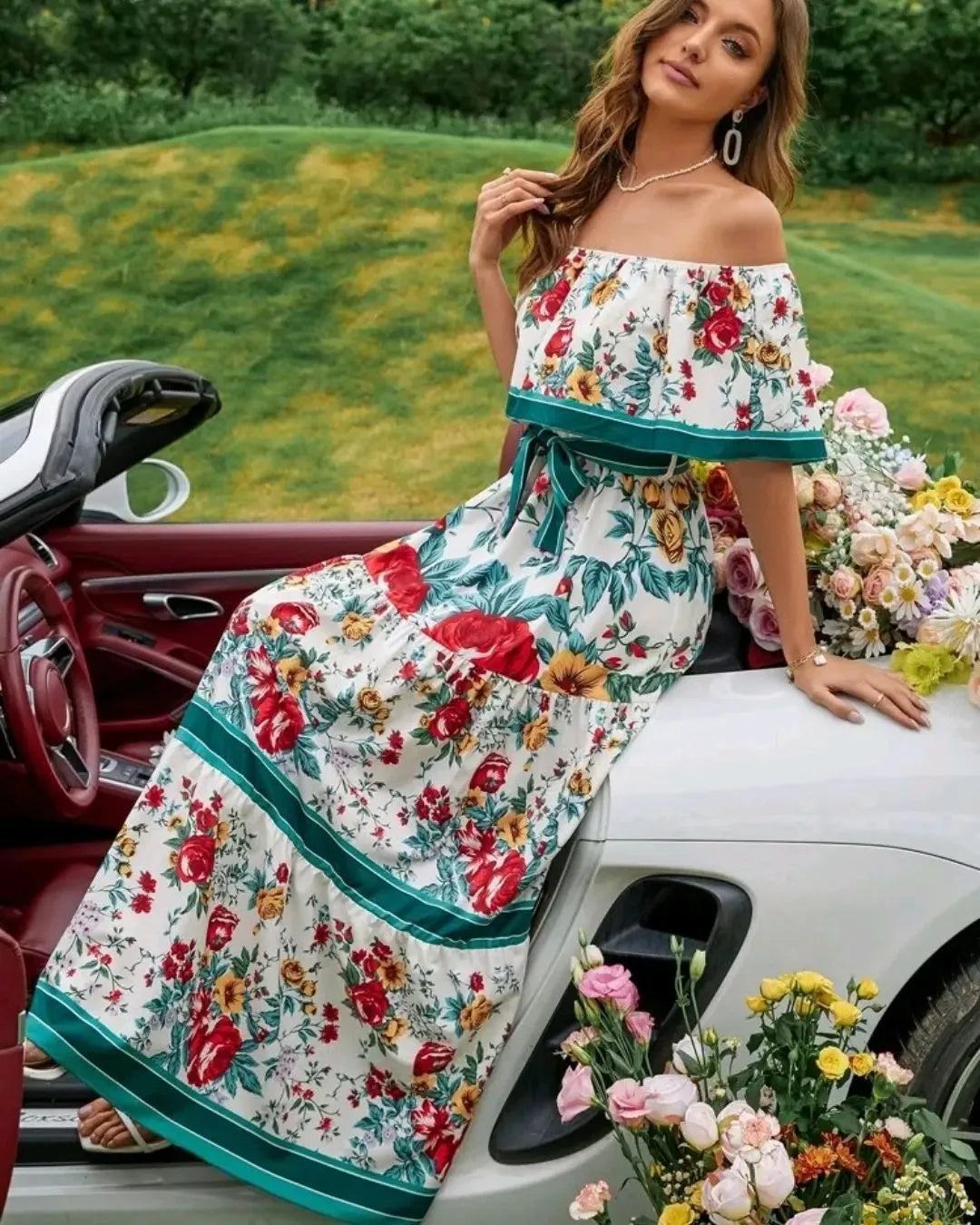 Off-shoulder Long Ruffled Peasant Dress