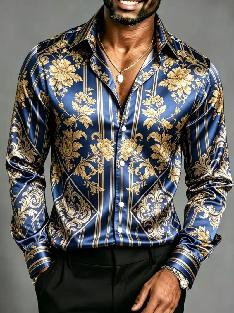 Men's Satin Baroque Print Button-Up Shirt – Long Sleeve Luxury Dress Shirt