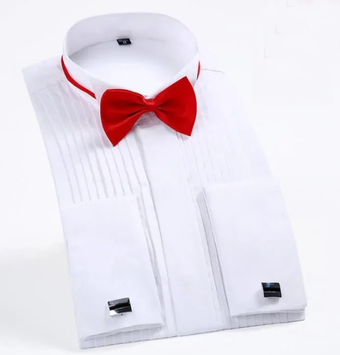 White dress shirt with a red bow tie and black cufflinks on a white background
