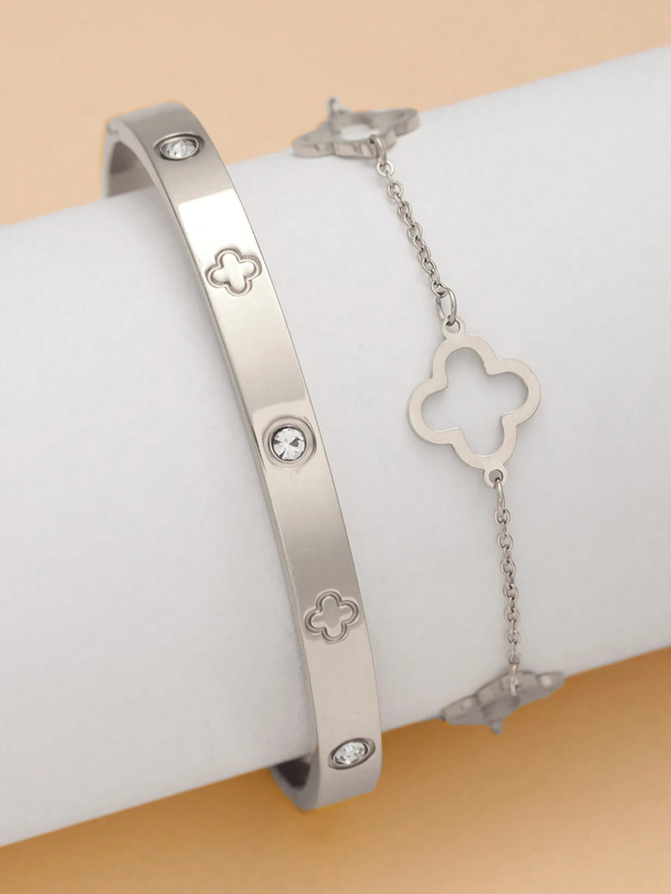 Stainless Steel Four Leaf Bracelet Set