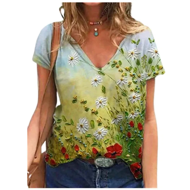Women's Floral 3D Print V-Neck T-Shirt