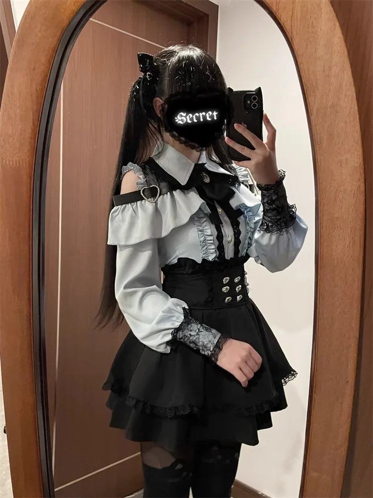 Dark Sweet Heart Ground Type Lolita Set, Ruffle Sleeve Top & A-line Skirt, Cute Kawaii Japanese Style Gothic Coord Outfit S-XL Bazaare Mart