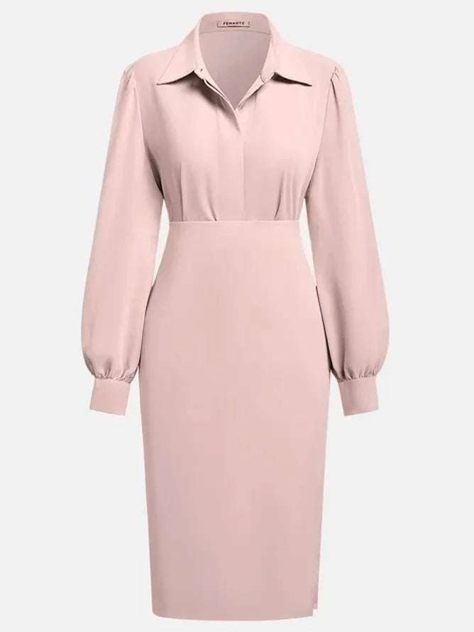 Fashionable Collared V-neck Solid Color Long-sleeved Bodycon Midi Dress