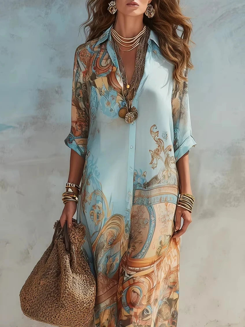Elegant Printed Chiffon Maxi Shirt Dress