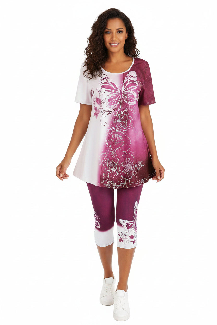 Plus Size Blue Butterfly Print 2-Piece Set | Women's Summer Tunic Top & Capri Leggings Outfit Rose Bazaare Mart 2pc. Capris Outfit